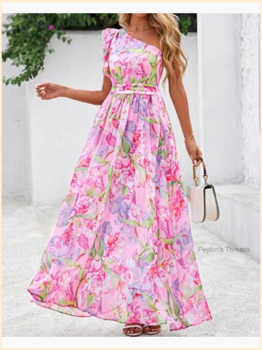 One Shoulder Floral Smocked Ruffle Maxi Dress with Pockets - Picture 5 of 7